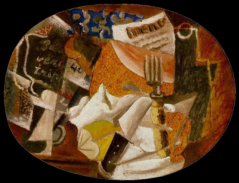 1914 Couteau, fourchette, menu, bouteille, jambon, Пабло Пикассо (1881-1973) Период: 1908-1918