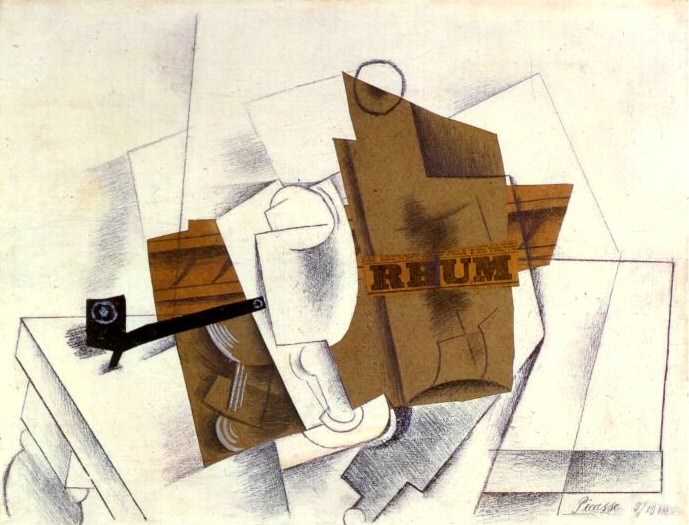 1914 Pipe, verre, bouteille de rhum, Пабло Пикассо (1881-1973) Период: 1908-1918