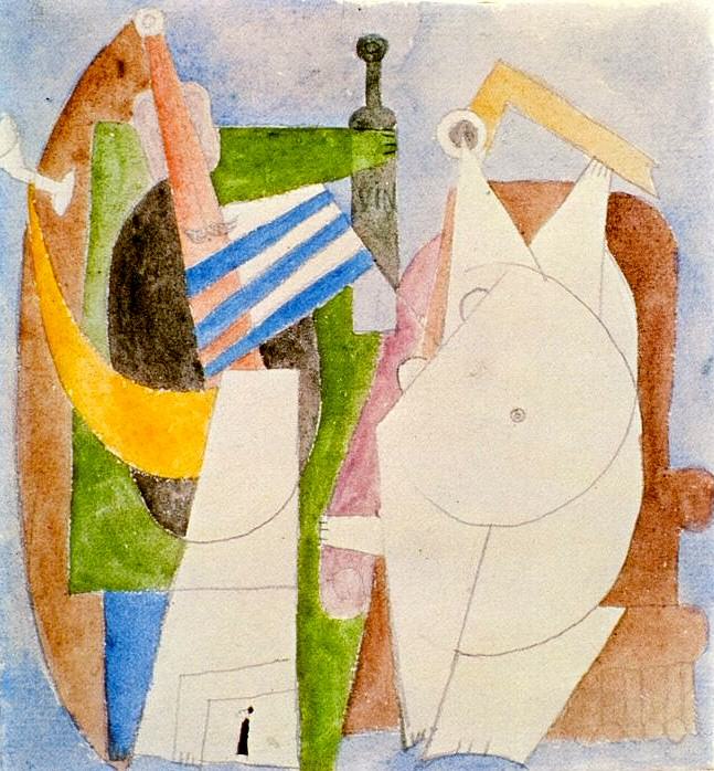 1915 Femme nue dans un fauteuil et homme Е la moustache tenant une bouteille de vin, Пабло Пикассо (1881-1973) Период: 1908-1918