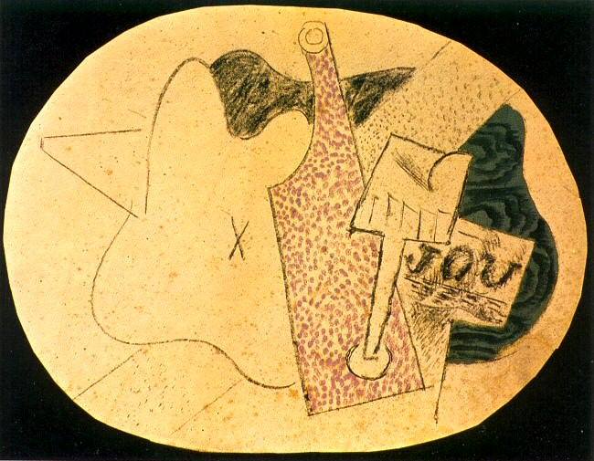 1914 Bouteille, verre, journal, Пабло Пикассо (1881-1973) Период: 1908-1918