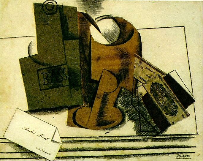 1913 Bouteille de Bass, verre, paquet de tabac, carte de visite, Пабло Пикассо (1881-1973) Период: 1908-1918