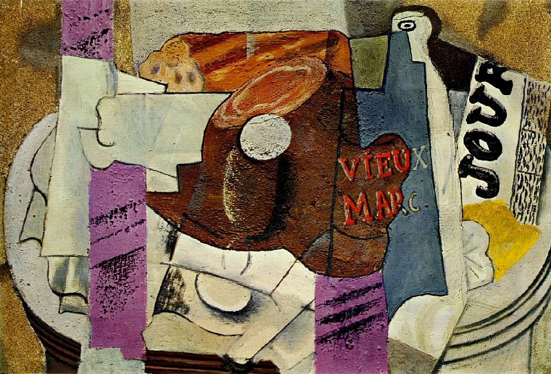 1914 Jambon, verre, bouteille de vieux marc, journal, Pablo Picasso (1881-1973) Period of creation: 1908-1918