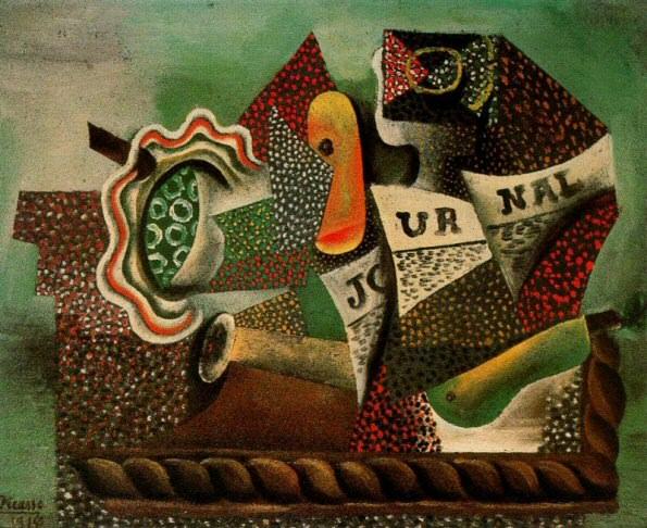 1914 Nature morte avec fruits, verre et journal, Pablo Picasso (1881-1973) Period of creation: 1908-1918