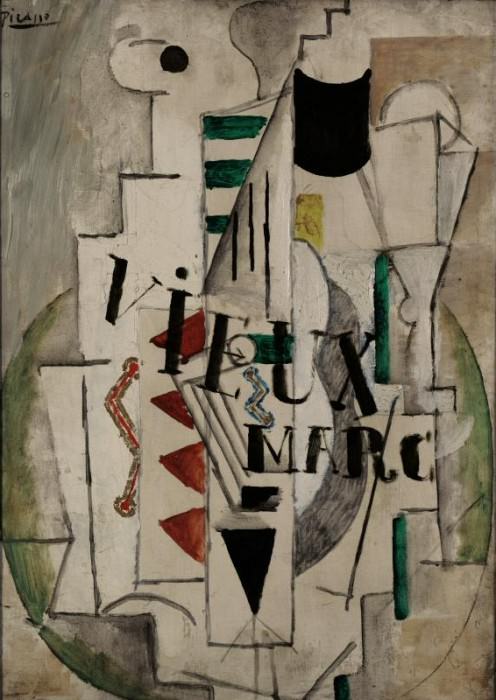 1912 Guitare, verre, bouteille de vieux marc, Пабло Пикассо (1881-1973) Период: 1908-1918
