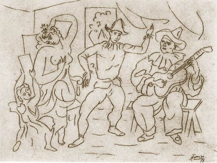 1918 Amour, nu, Arlequin et Pierrot jouant de la guitare, Pablo Picasso (1881-1973) Period of creation: 1908-1918