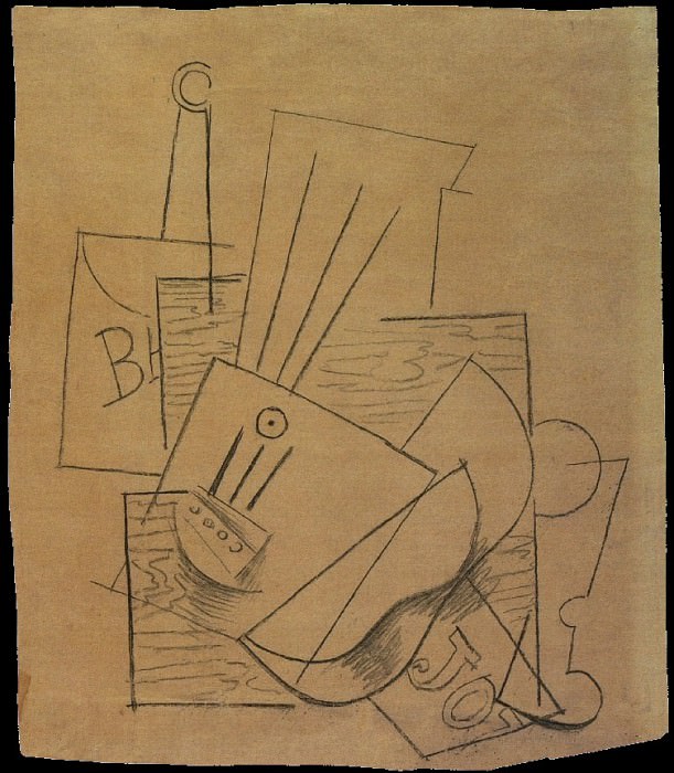 1913 Bouteille de Bass, guitare, journal et verre sur une table carrВe, Pablo Picasso (1881-1973) Period of creation: 1908-1918
