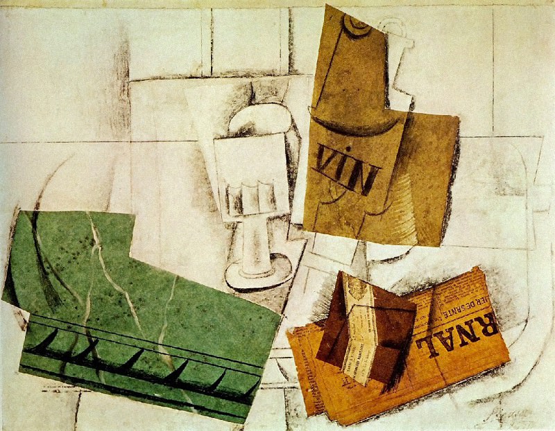 1914 Verre, bouteille de vin, paquet de tabac, journal, Пабло Пикассо (1881-1973) Период: 1908-1918