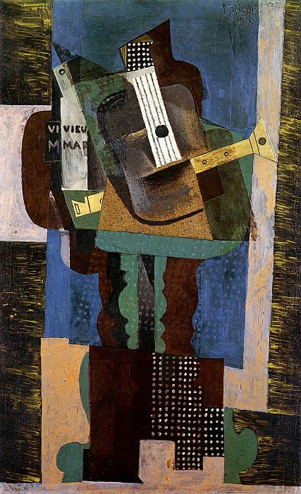 1916 Guitare, clarinette et bouteille sur une table, Пабло Пикассо (1881-1973) Период: 1908-1918