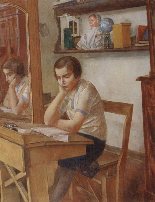 girl at the desk. 1934, Kuzma Sergeevich Petrov-Vodkin