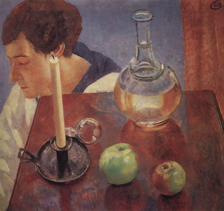 Still Life. A candle and a decanter. 1918, Kuzma Sergeevich Petrov-Vodkin