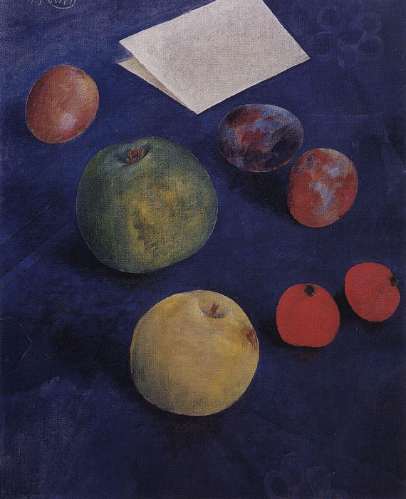 Fruit on a blue tablecloth. 1921, Kuzma Sergeevich Petrov-Vodkin
