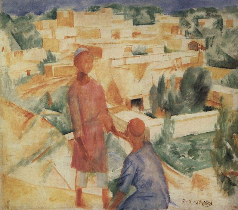 Boys on the background of the city. 1921, Kuzma Sergeevich Petrov-Vodkin