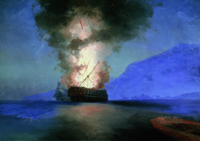 Взрыв корабля 1900 67х96,5 Это картина последняя-неоконченная., Иван Константинович Айвазовский