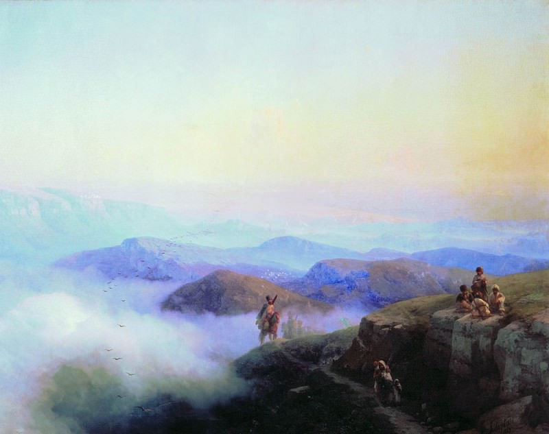 Chains of the Caucasus Mountains. View from the mountains to Karanayskih Temir-Khan-Shura, on the Caspian Sea in 1869 130h170, Ivan Konstantinovich Aivazovsky