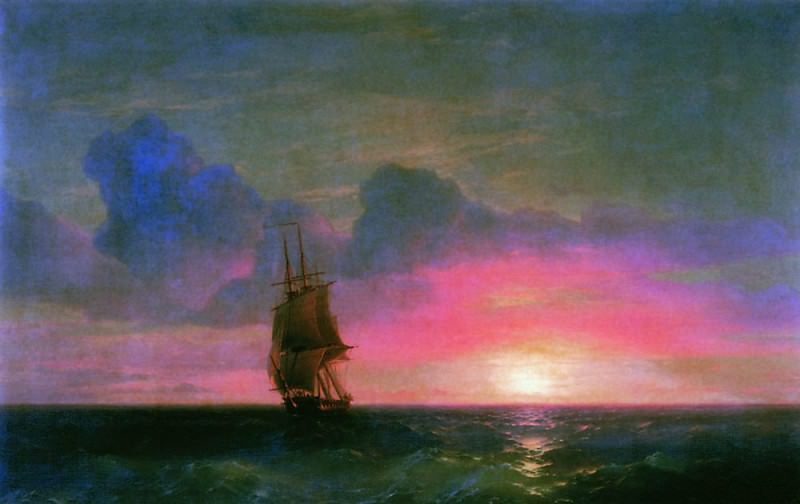 Sunset. A lone sailboat 1853 90h140, Ivan Konstantinovich Aivazovsky