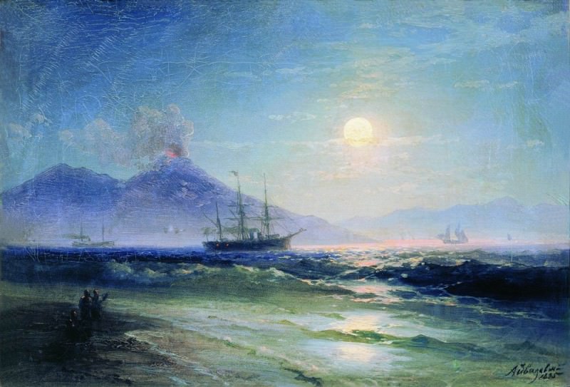 Bay of Naples at night in 1895 28,2 x40, 8, Ivan Konstantinovich Aivazovsky