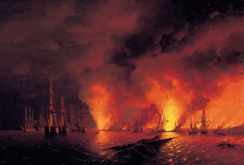 Sinop fight on November 18 1853. The night after the battle in 1853, Ivan Konstantinovich Aivazovsky