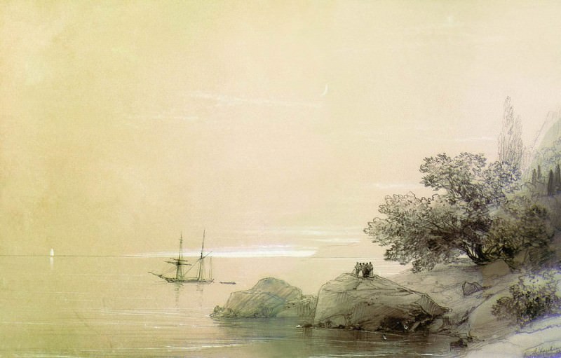 sea against a rocky shore in 1851. Wood, pencil, protsarapka 18. . . . 7h27. . 2, Ivan Konstantinovich Aivazovsky