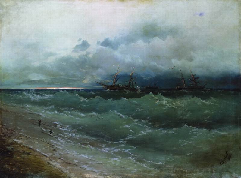Ships in the stormy sea. Sunrise 1871 108h143, Ivan Konstantinovich Aivazovsky