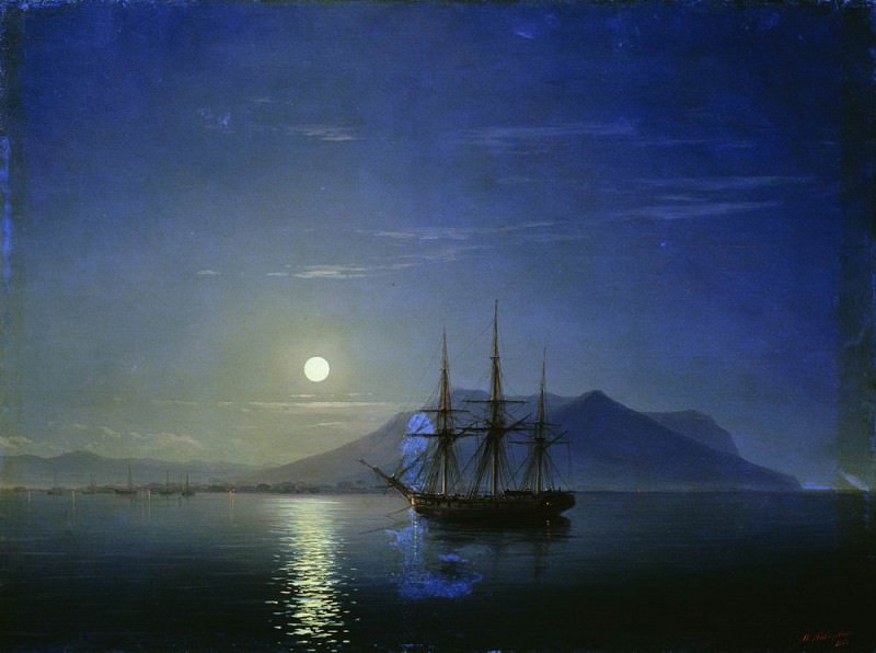Sailing off the coast of the Crimea in the moonlit night in 1858 47h64, Ivan Konstantinovich Aivazovsky
