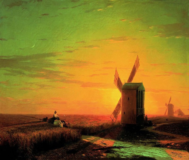 Ветряные мельницы в украинскойСтепи при закате солнца 1862 51х60, Иван Константинович Айвазовский