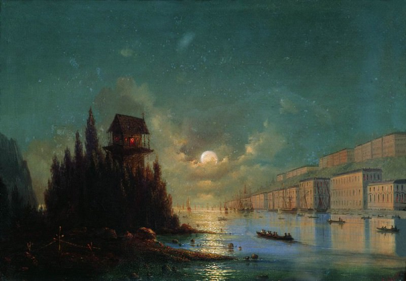 Вид приморского города вечером с зажжённым маяком 1870-е 27х37, Иван Константинович Айвазовский