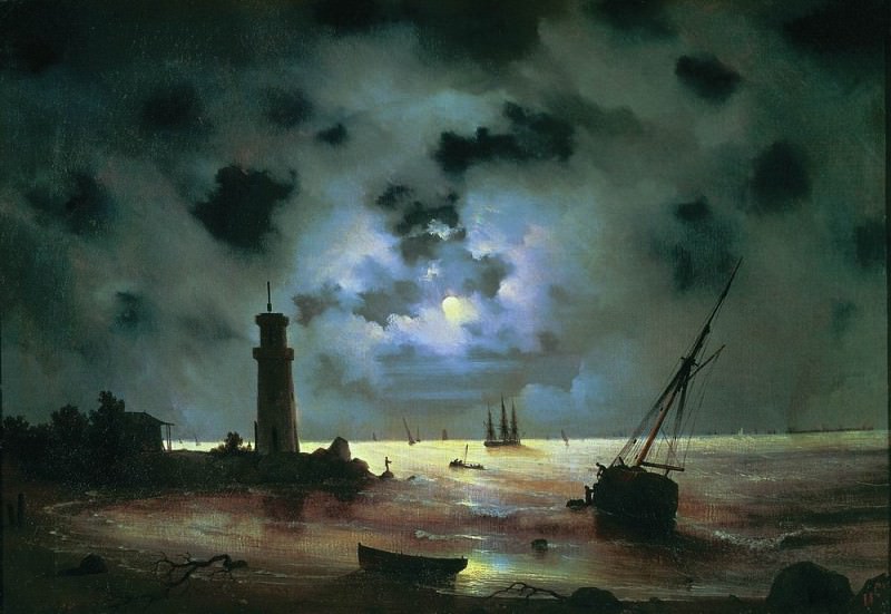 Seashore night. The lighthouse in 1837 56h81, Ivan Konstantinovich Aivazovsky
