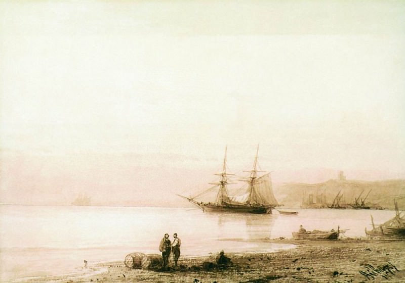 Seashore 1861. Paper, Sepia 29h43, Ivan Konstantinovich Aivazovsky