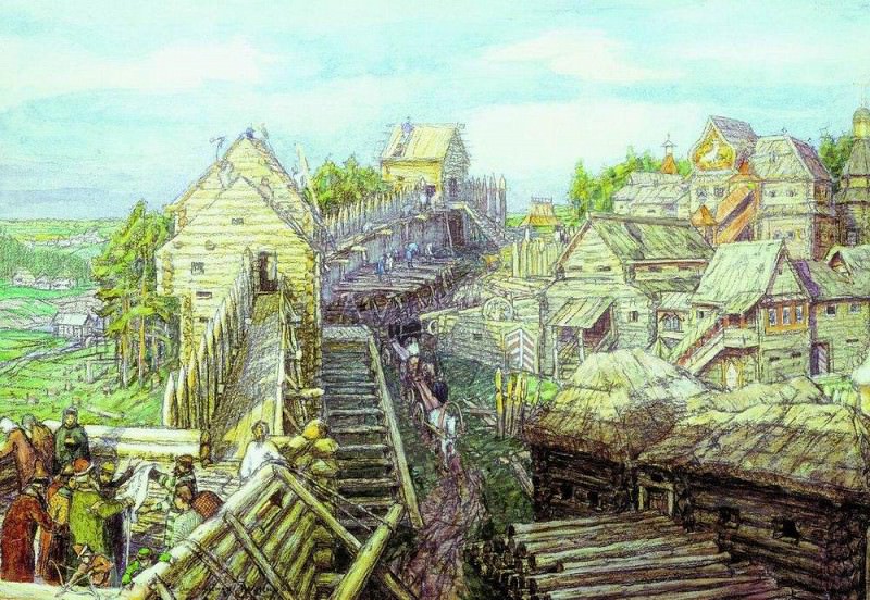 Строительство деревянных стен Кремля. XII век. 1903, Аполлинарий Михайлович Васнецов