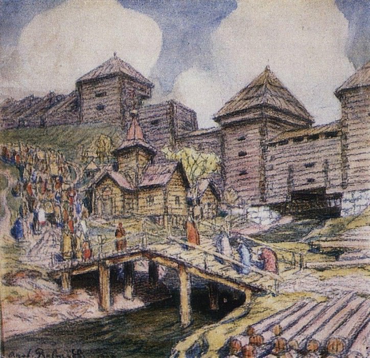 Walls wooden town. Moscow XVII century. 1920, Apollinaris M. Vasnetsov