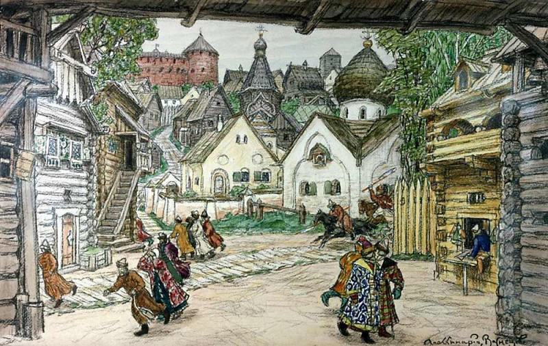 Square in front of the church. Street in the city. 1911, Apollinaris M. Vasnetsov
