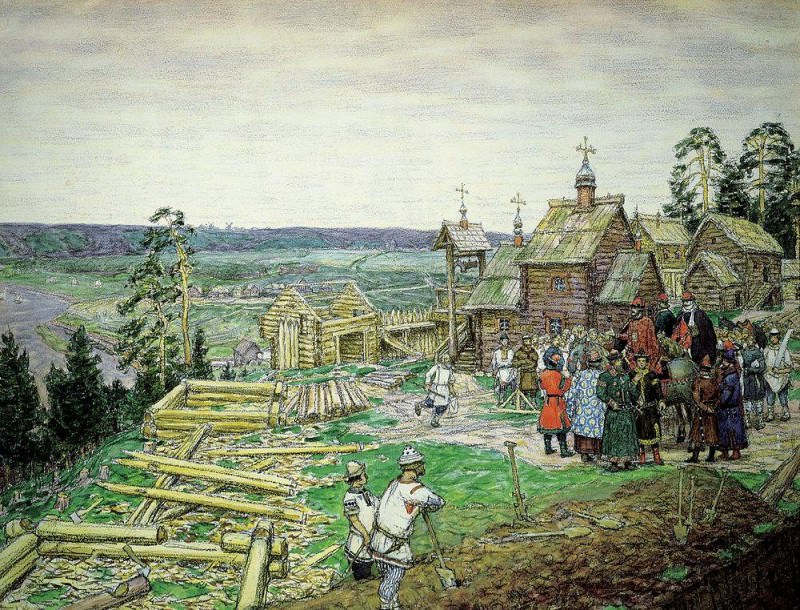 Founding Kremlin. Construction of new walls of the Kremlin Yuri Dolgoruky in 1156. 1917, Apollinaris M. Vasnetsov