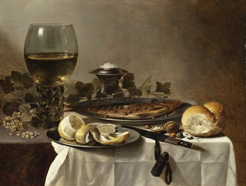 Pieter Claesz III – Still Life with Herring, Wine and Bread, Los Angeles County Museum of Art (LACMA)