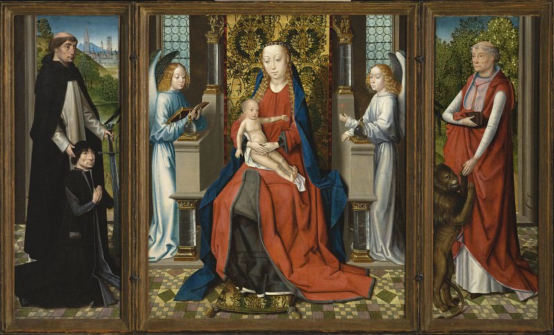 Master of the St. Lucy Legend – Triptych of Madonna and Child with Angels; Donor and His Patron Saint Peter Martyr; and Saint Jerome and His Lion, Los Angeles County Museum of Art (LACMA)