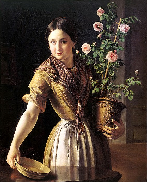 Tropinin Basil – Girl with a pot of roses. 1850, 900 Classic russian paintings