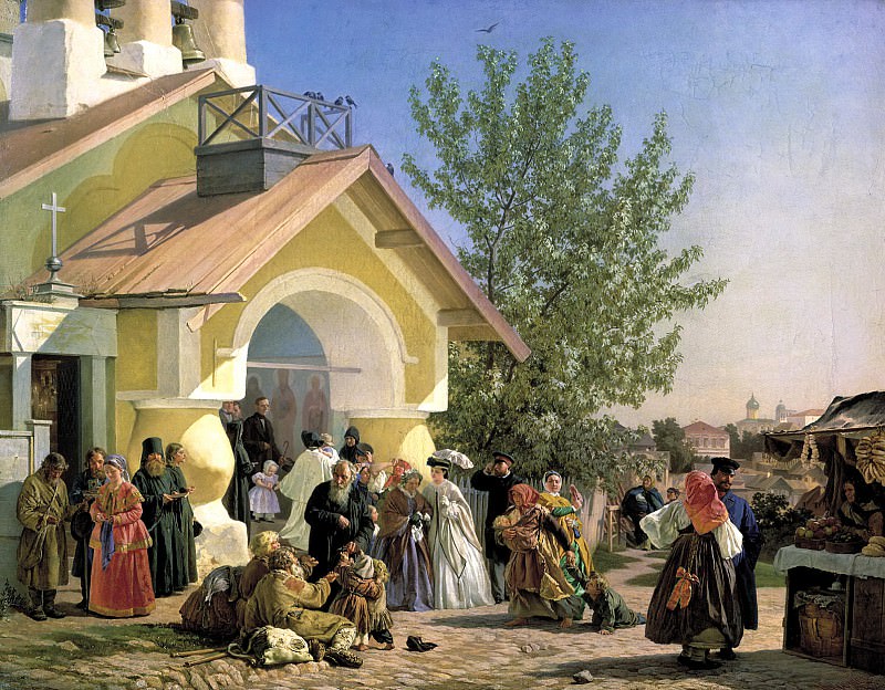 Morozov Alexander – Exit from the church in Pskov, 900 Classic russian paintings