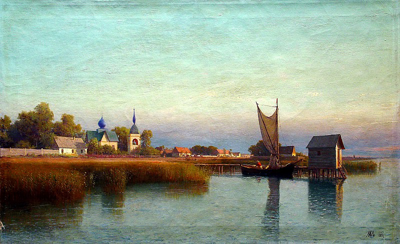 ЛАГОРИО Лев – Вид городка со стороны реки, 900 Картин самых известных русских художников