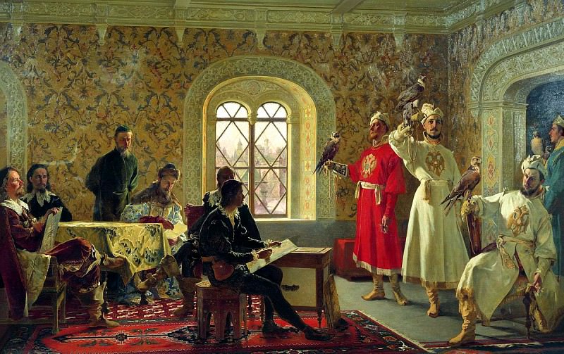 Lytovchenko Alexander – Italian envoy Kalvuchchi sketches favorite falcons Tsar Aleksei Mikhailovich, 900 Classic russian paintings