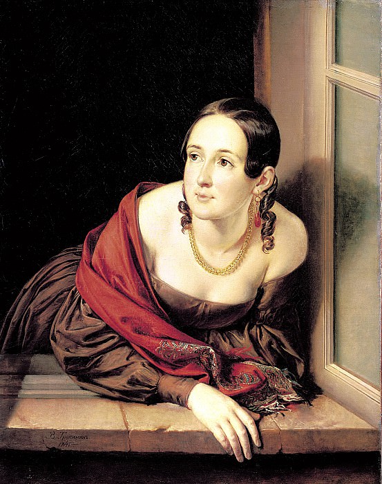 Tropinin Basil – A woman in the window . 1841, 900 Classic russian paintings