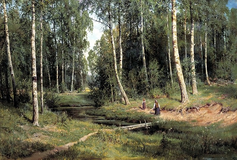 Shishkin Ivan – Stream in a birch forest, 900 Classic russian paintings