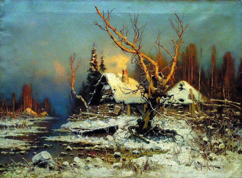 КЛЕВЕР Юлий – Зимний пейзаж с избушкой. 1, 900 Картин самых известных русских художников