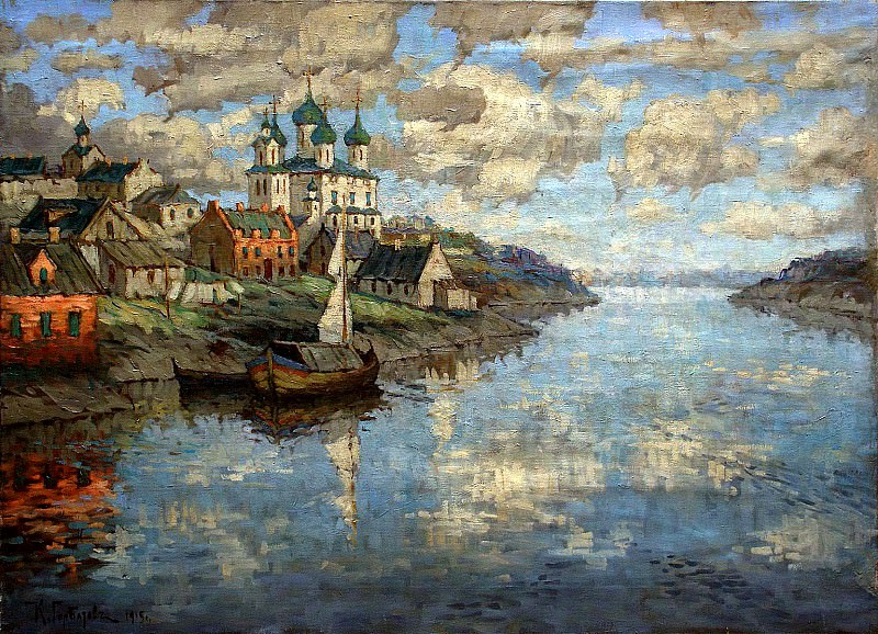 Gorbatov Constantine – View from the river to the old town. 1915, 900 Classic russian paintings