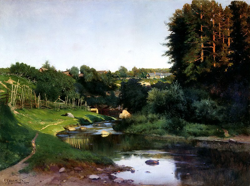 Kryzhitsky Constantine – Village on the banks of the river, 900 Classic russian paintings