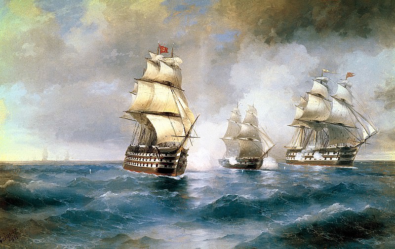 АЙВАЗОВСКИЙ Иван – Бриг «Меркурий», атакованный двумя турецкими кораблями, 900 Картин самых известных русских художников