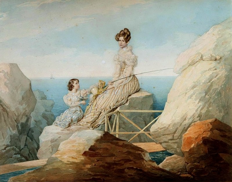 SOKOLOV Peter – Portrait of Empress Alexandra and Grand Duchess Maria Nikolaevna on the shore, 900 Classic russian paintings