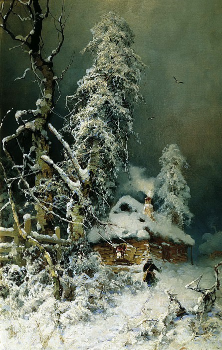 КЛЕВЕР Юлий – Зимний пейзаж с избушкой, 900 Картин самых известных русских художников