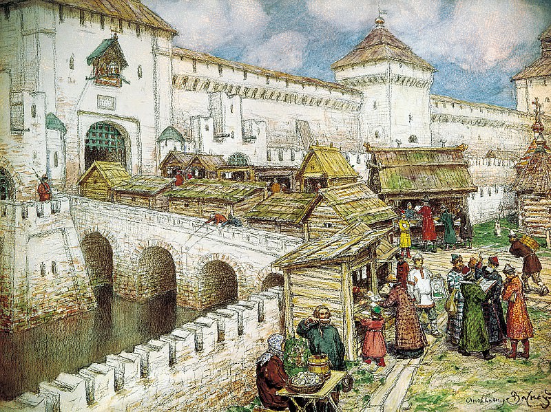 ВАСНЕЦОВ Аполлинарий – Книжные лавочки на Спасском мосту в XVII веке, 900 Картин самых известных русских художников