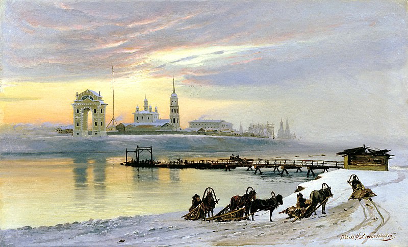 Dobrovolsky, Nikolai – The ferry across the Angara in Irkutsk, 900 Classic russian paintings