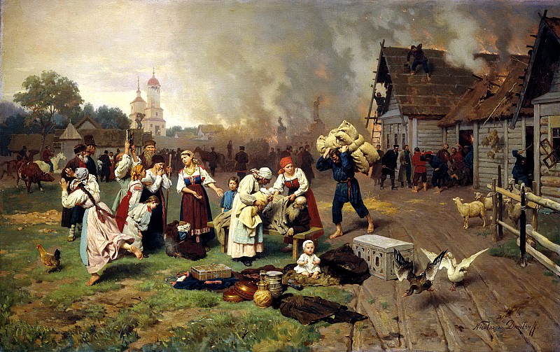 Dmitry-Orenburgsky Nick – Fire in the village, 900 Classic russian paintings