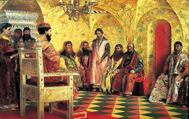 Ryabushkin Andrew – Seat Tsar Mikhail Fedorovich to the boyars in his sovereigns room, 900 Classic russian paintings